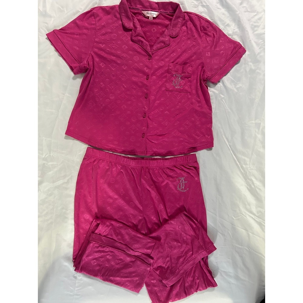 Juicy Couture Pink Monogram Pajama Set Top Pants Size L Sleepwear Loungewear